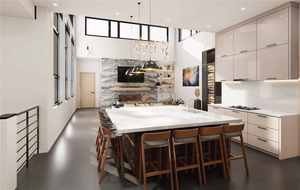 This is a rendering of a modern open-concept kitchen and living area with high ceilings — 7845 MARSH POINTE DRIVE, TAMPA, FL