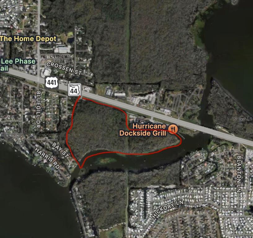This is an aerial map showing a waterfront property outlined in red near a highway — W. BURLEIGH BOULEVARD, TAVARES, FL
