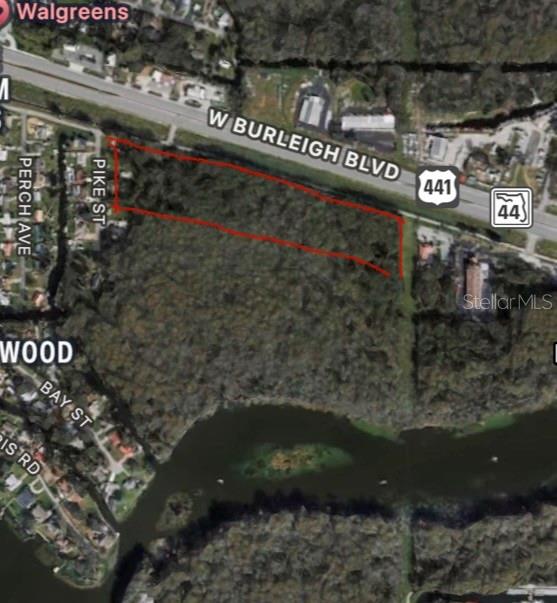 An aerial map shows a wooded parcel of land outlined in red near a highway — W. BURLEIGH BOULEVARD, TAVARES, FL