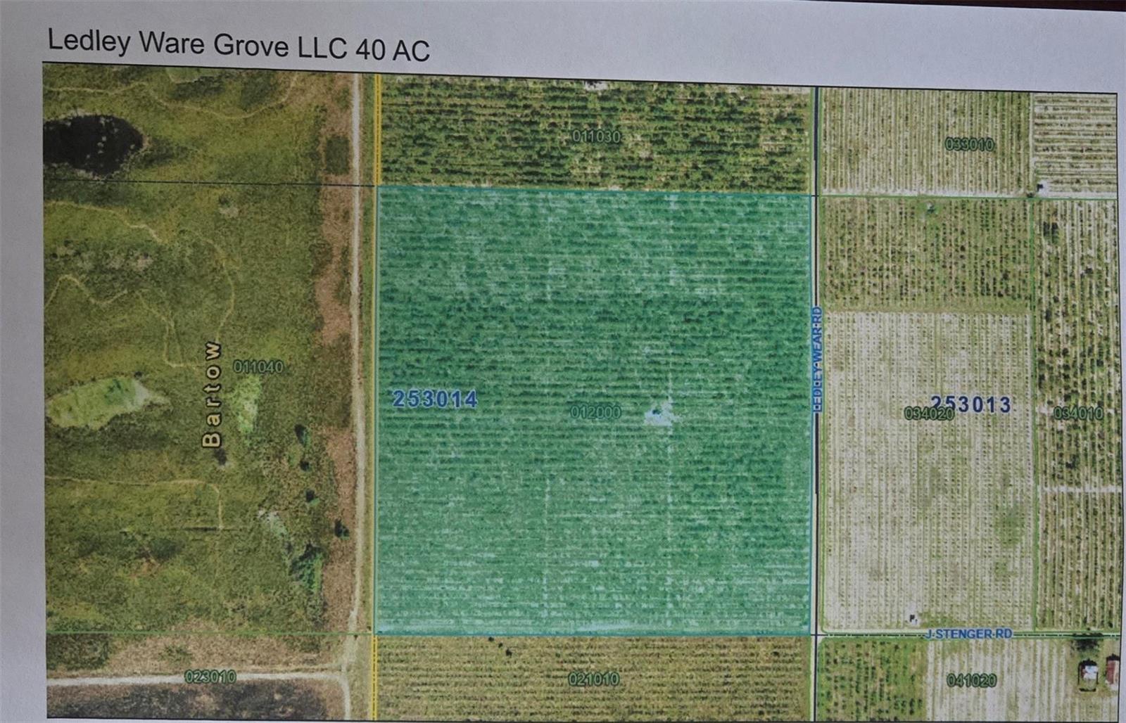 This is an aerial map showing a 40-acre parcel of land outlined in green — 0 Ledley Wear Road, FL 33830, FL