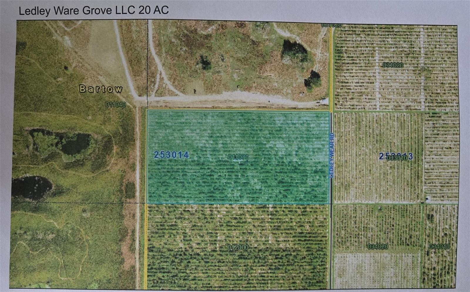 An aerial map shows a rectangular parcel of land highlighted in green near Ledley-Wear Road — 0 Ledley Wear Road, FL 33830, FL