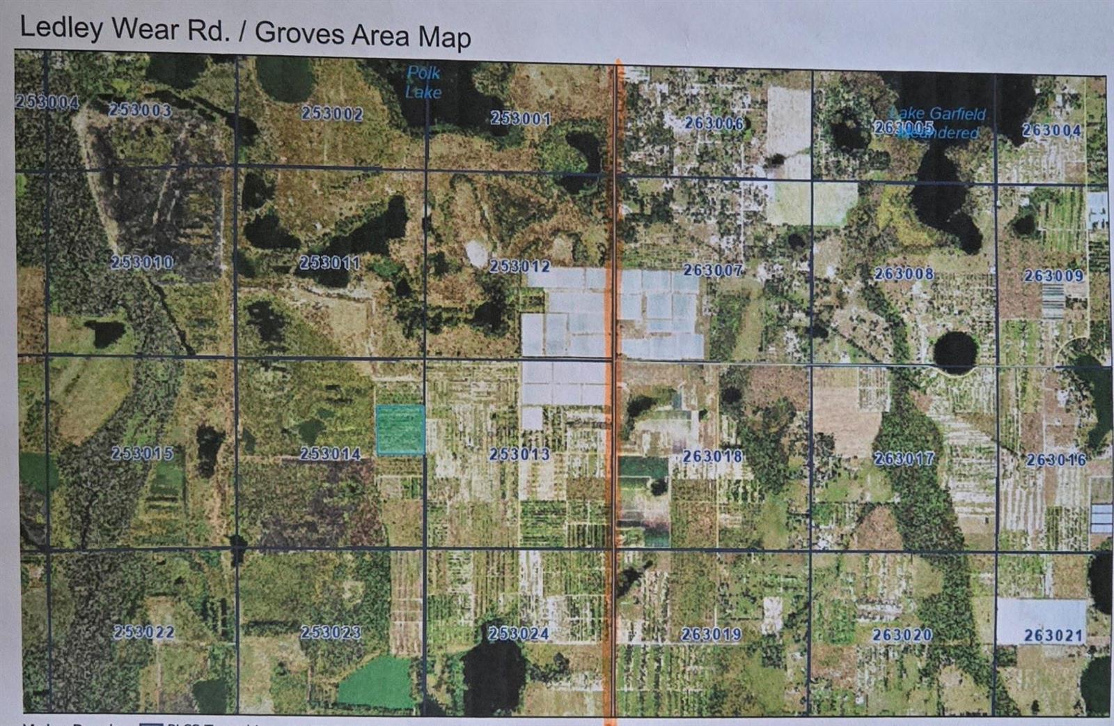 This is a satellite map showing land parcels labeled with identification numbers in a rural area — 0 Ledley Wear Road, FL 33830, FL