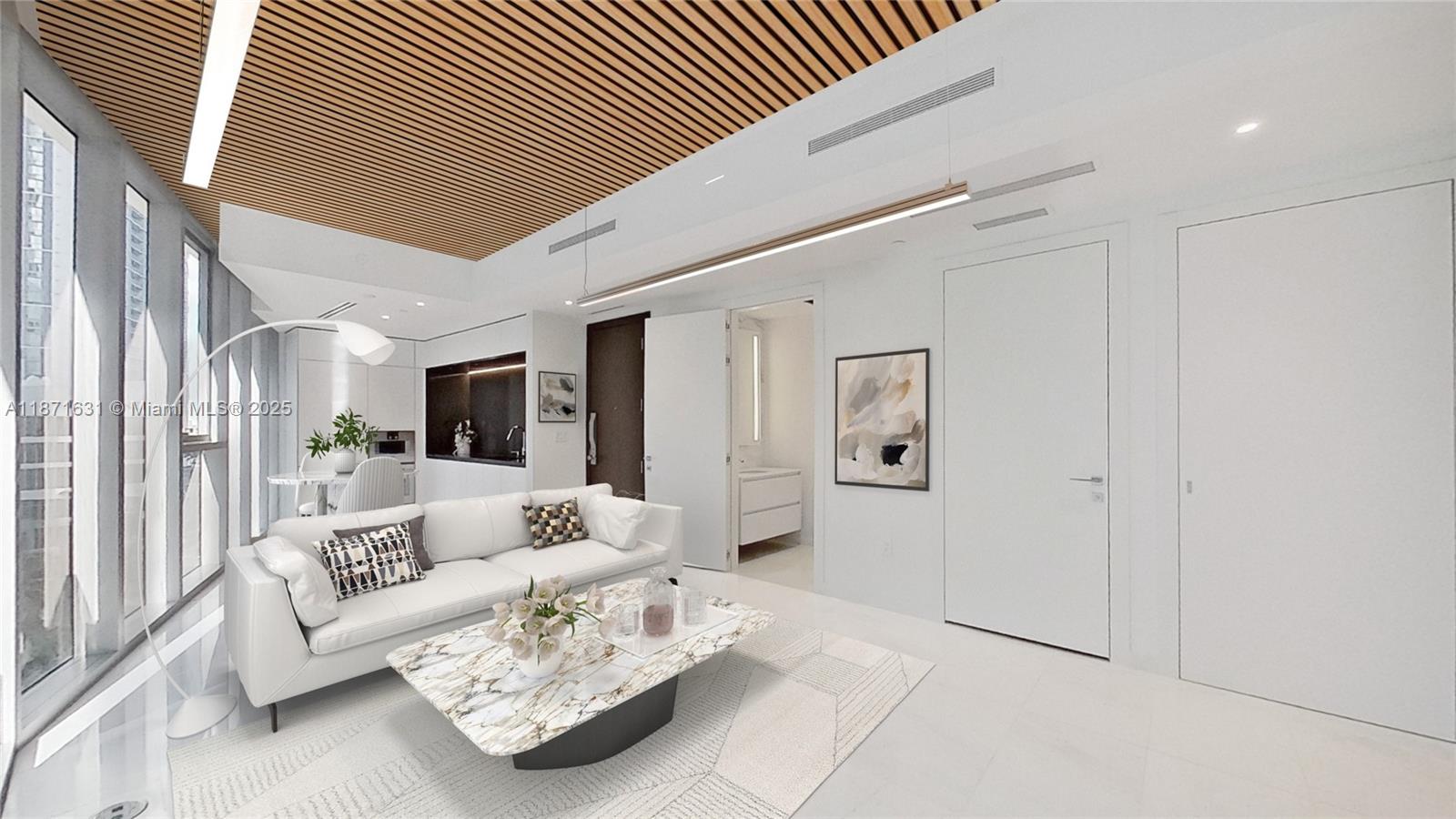 A modern living room features a white sofa, marble coffee table, and slatted wood ceiling — 300 Biscayne Blvd Way # 506E, Miami FL 33131, MIAMI, FL