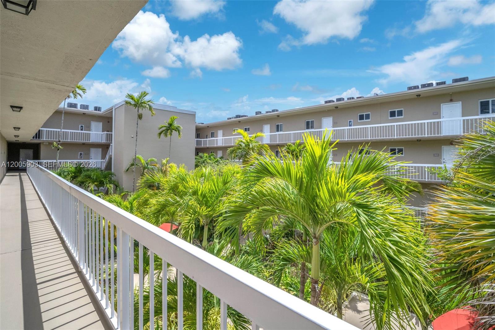 A view from an outdoor apartment balcony overlooking a courtyard filled with palm trees — 8103 Camino Real # 314, Miami FL 33143, MIAMI, FL