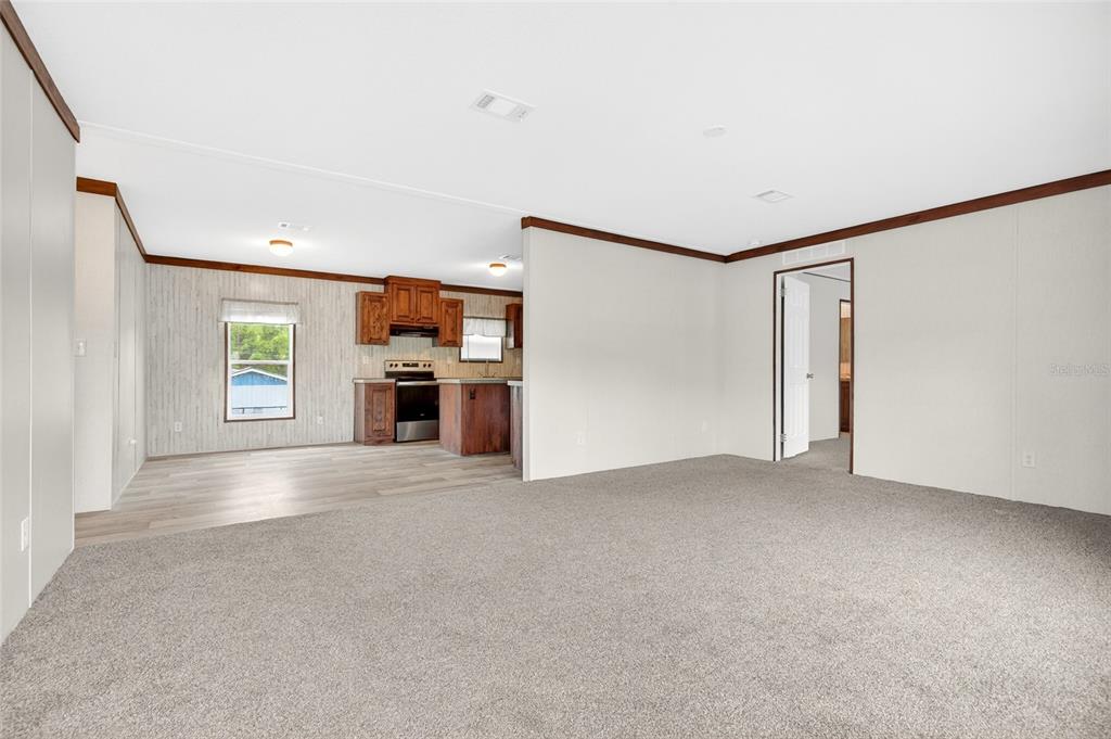 A carpeted living room opens to a kitchen with wood cabinets and light-colored flooring — 1540 SE 187TH AVENUE, SILVER SPRINGS, FL