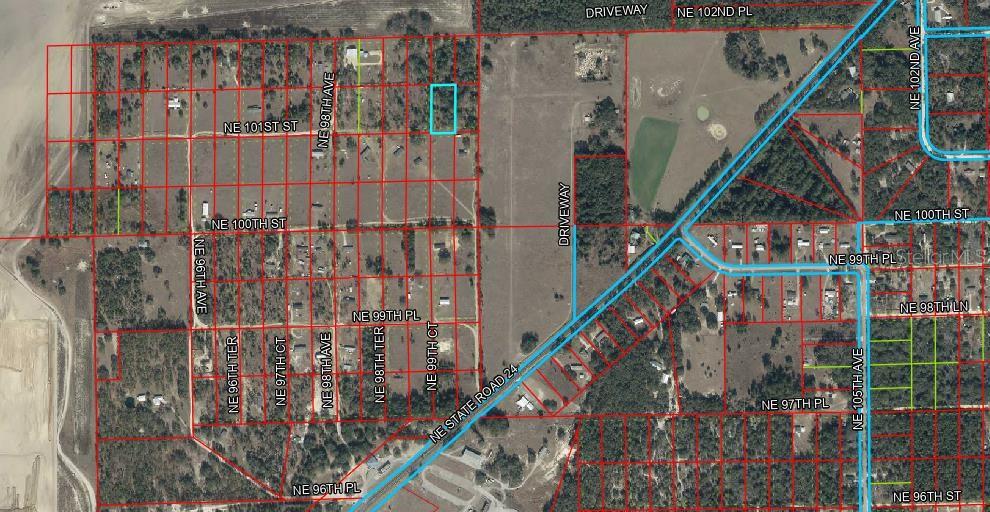 This is an aerial map showing a highlighted rectangular land parcel within a residential grid — Lot 181 NE 101ST ST, ARCHER, FL