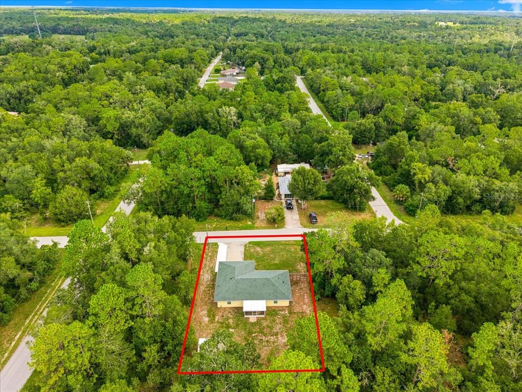 An aerial view shows a yellow house with a green roof on a wooded lot — 3032 E PORTER STREET UNIT 34, INVERNESS, FL