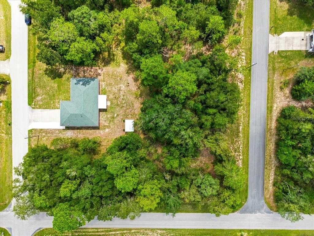 An aerial view shows a house with a green roof situated on a wooded lot — 3032 E PORTER STREET UNIT 34, INVERNESS, FL