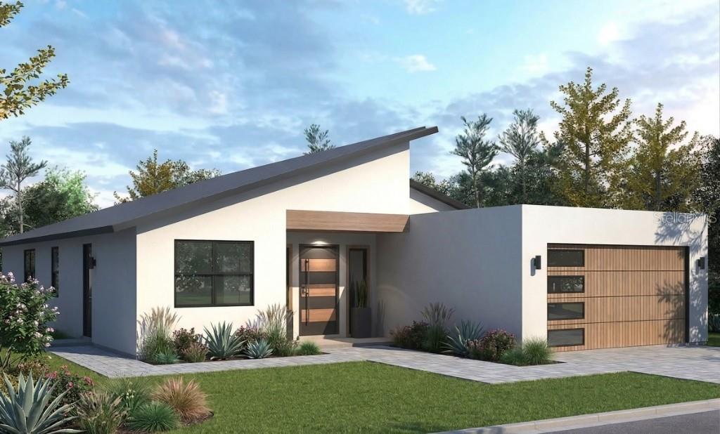A digital rendering of a modern, single-story house with a shed roof and attached garage — 2408 JAMAICA AVENUE SW, PALM BAY, FL