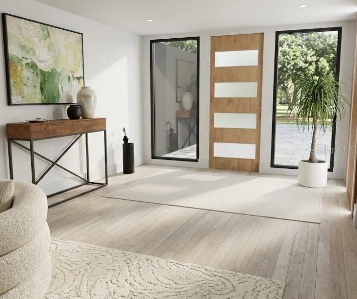 This rendering shows a modern entryway with a wood door, large windows, and console table — 2408 JAMAICA AVENUE SW, PALM BAY, FL