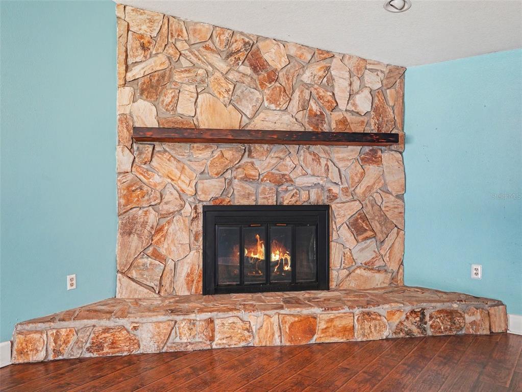 A stone fireplace with a wooden mantel sits in a room with light blue walls — 928 TIMBERGREEN DRIVE, LAKELAND, FL