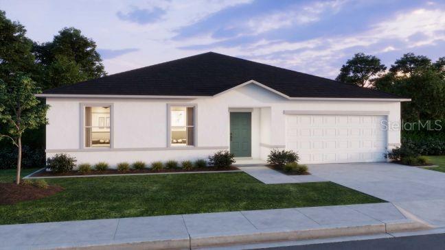 A digital rendering of a single-story house with a white stucco exterior and two-car garage — 1475 TRINIDAD STREET, DELAND, FL