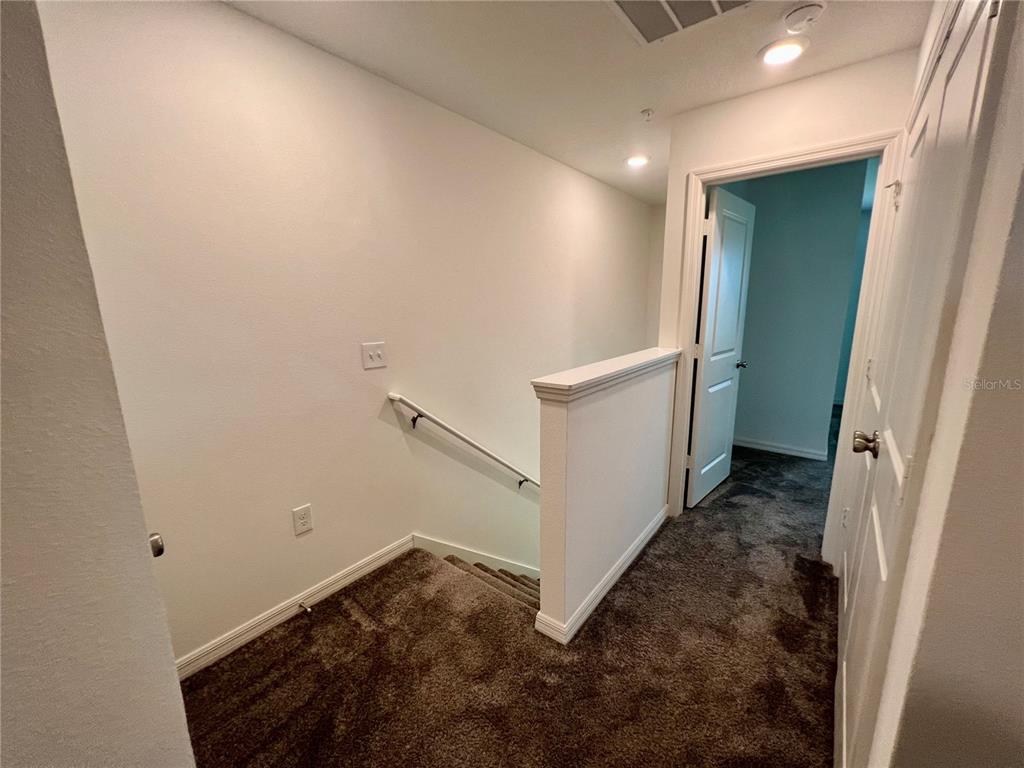 A carpeted landing area features a staircase with a white railing and a doorway — 3805 HAMPTON CHASE LANE, SANFORD, FL