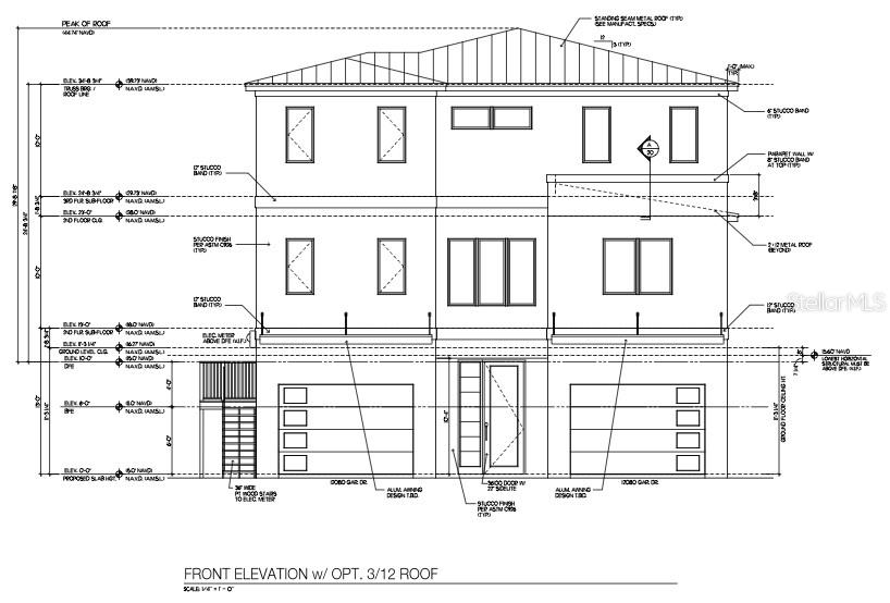 This is an architectural rendering of a three-story house front elevation with a metal roof — 813 BAY POINT DRIVE, MADEIRA BEACH, FL