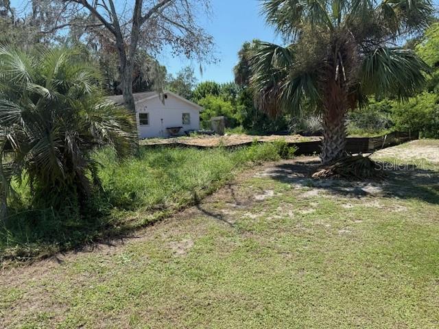 A white house stands behind a grassy yard with palm trees and a fenced area — 7323 JANCZLIK DRIVE, NEW PORT RICHEY, FL