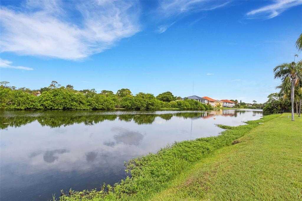 A grassy lawn borders a calm lake with dense trees and houses in the background — 114 FERNWOOD CIRCLE UNIT 114, SEMINOLE, FL