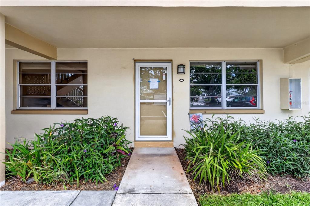 Exterior view of a ground-level apartment entrance with a screen door and two windows — 951 79TH AVENUE N UNIT 115, ST PETERSBURG, FL