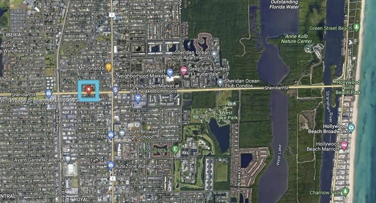 This is a satellite map showing the area surrounding a property marked with a red pin — 1924 Sheridan St, Hollywood FL 33020, HOLLYWOOD, FL