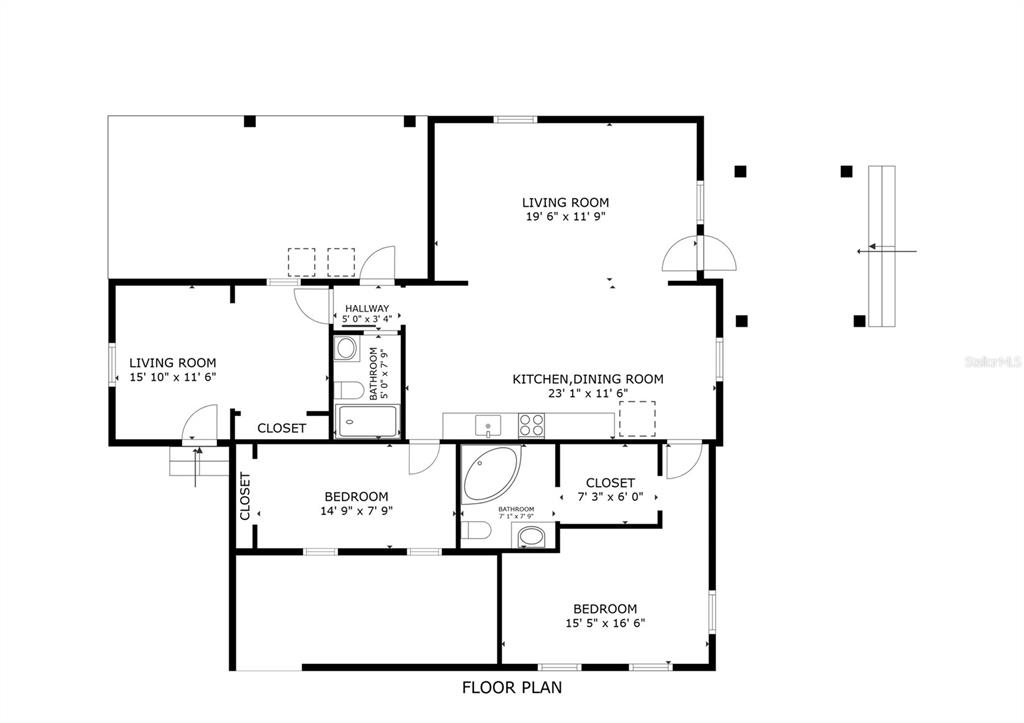 This is a floor plan showing a two-bedroom, two-bathroom home with two living areas — 7890 MARX DRIVE, NORTH FORT MYERS, FL