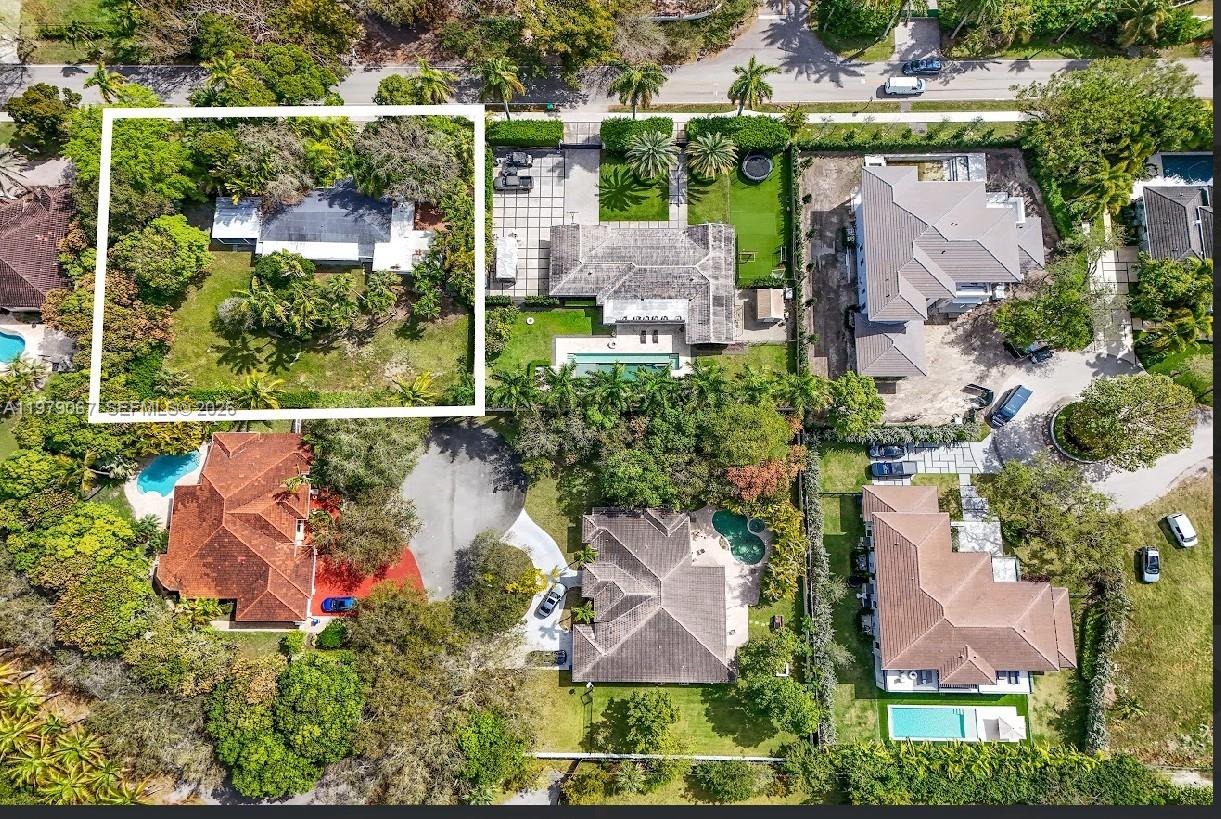 An aerial view shows a residential neighborhood with a highlighted single-story house and surrounding properties — 9330 SW 72nd Ave, Pinecrest FL 33156, PINECREST, FL