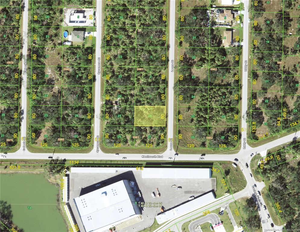 This is a satellite map showing a highlighted vacant lot in a residential subdivision — 493 LEONA STREET, PORT CHARLOTTE, FL