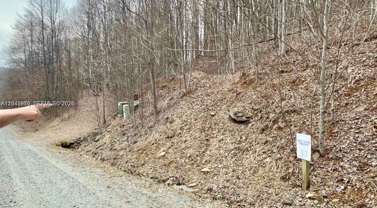A gravel road runs alongside a wooded, sloped lot marked with a sign numbered 33 — Great Sky Dr, NC, NC