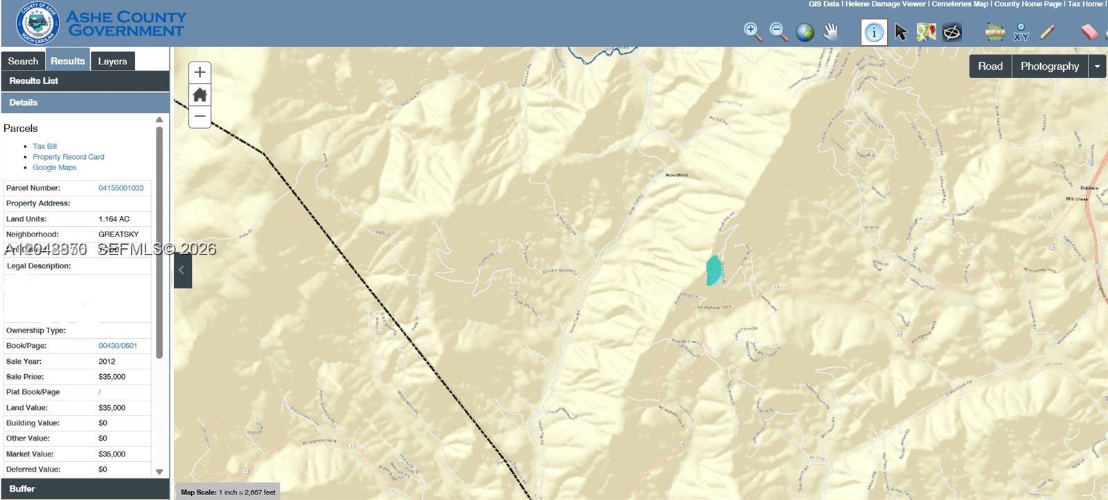 This is a digital map showing a highlighted land parcel in Ashe County, North Carolina — Great Sky Dr, NC, NC
