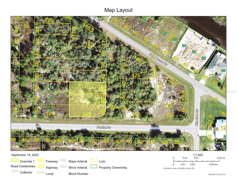 This is a map layout showing property lot lines and road centerlines in a neighborhood — Triple Lot TITUS TERRACE, PUNTA GORDA, FL