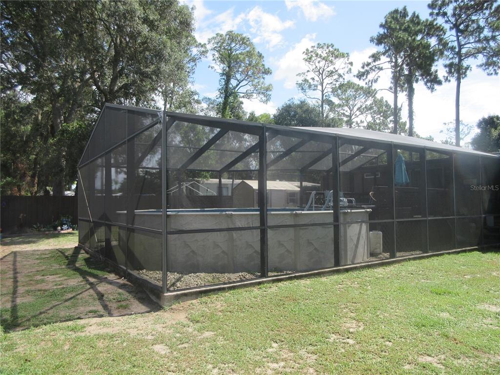 An above-ground pool is enclosed within a screened-in patio structure in a grassy backyard — 2300 SE 173RD AVENUE, SILVER SPRINGS, FL