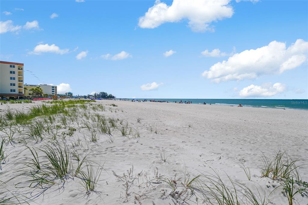 A wide, sandy beach with dune grass in the foreground and buildings in the distance — 13062 GULF BOULEVARD, MADEIRA BEACH, FL