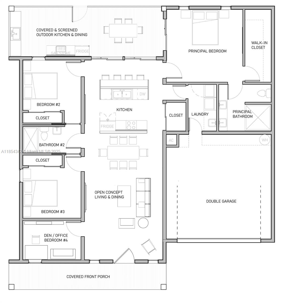 This is a floor plan for a four-bedroom home with a double garage and outdoor kitchen — 395 Pace Avenue, Lehigh Acres FL 33974, LEHIGH ACRES, FL