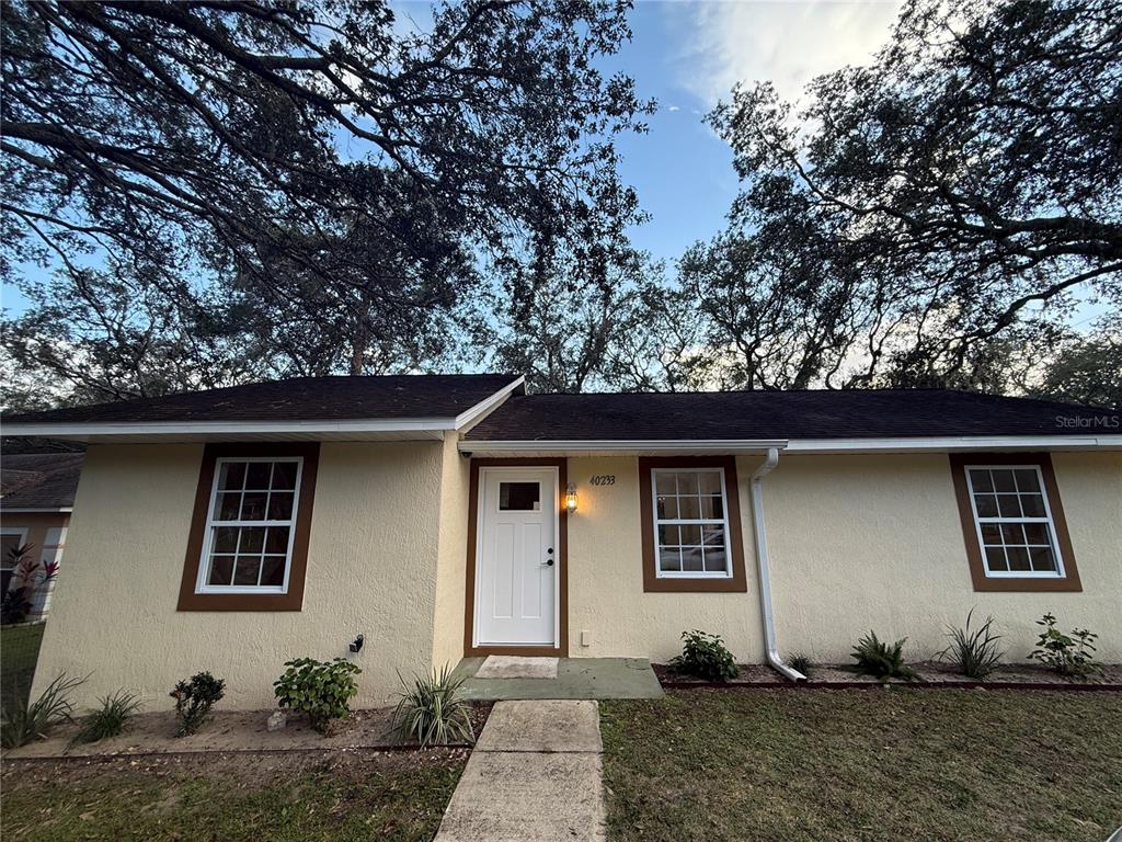 A single-story house with light yellow stucco walls, brown trim, and a white front door — 40233 PALM STREET, LADY LAKE, FL
