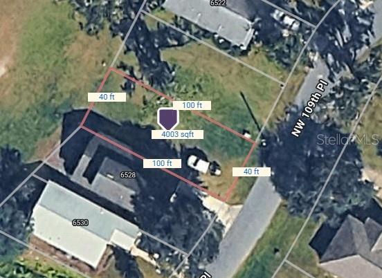 This is an aerial map view showing a rectangular residential lot with property dimensions — 109TH PLACE, ALACHUA, FL