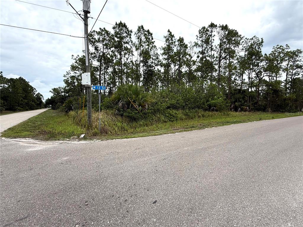 A street corner features a utility pole, a street sign, and a wooded, undeveloped lot — 1106 W 13TH STREET, LEHIGH ACRES, FL