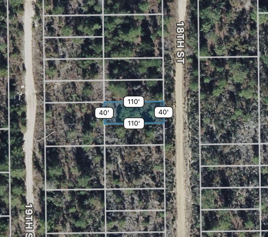An aerial map shows a rectangular plot of land measuring 40 feet by 110 feet — 18 TH STREET, INTERLACHEN, FL