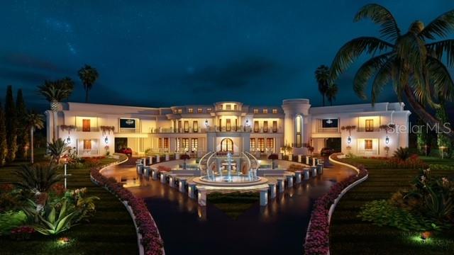 This is a digital rendering of a large, illuminated luxury mansion at night with landscaping — 9621 WINDY RIDGE ROAD, WINDERMERE, FL