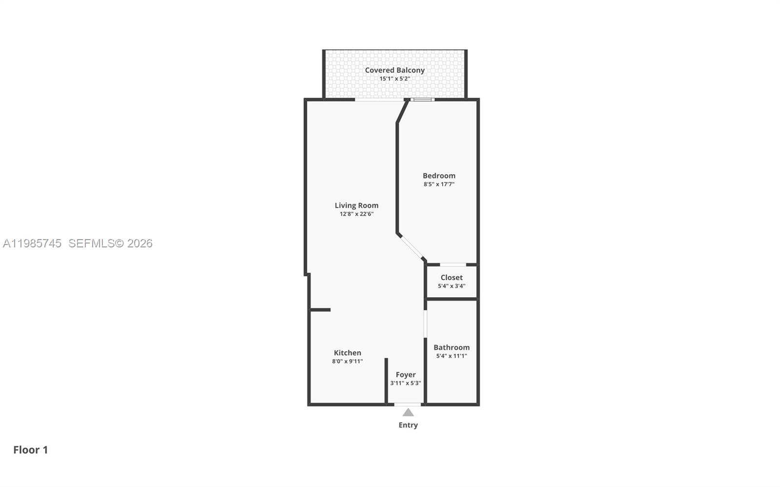 This is a floor plan for a one-bedroom apartment with a kitchen, bathroom, and balcony — 2301 Collins Ave # 311, Miami Beach FL 33139, MIAMI BEACH, FL