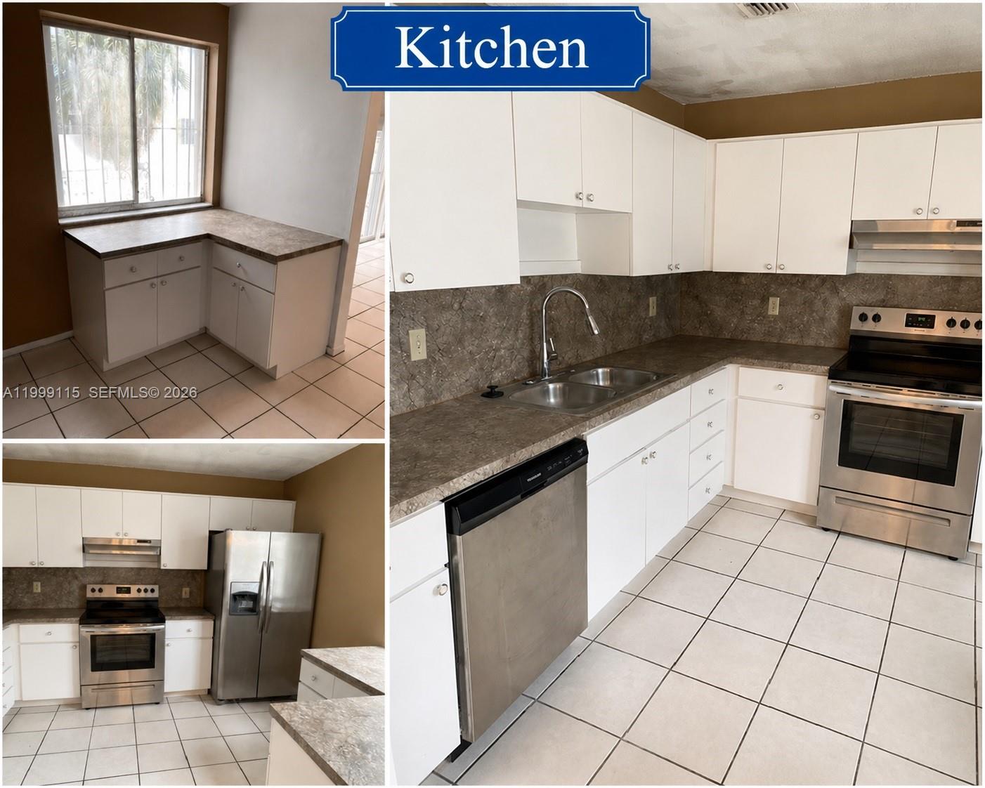 This kitchen features white cabinets, stainless steel appliances, brown countertops, and light-colored floor tiles — 22105 SW 103rd Ct, Cutler Bay FL 33190, CUTLER BAY, FL