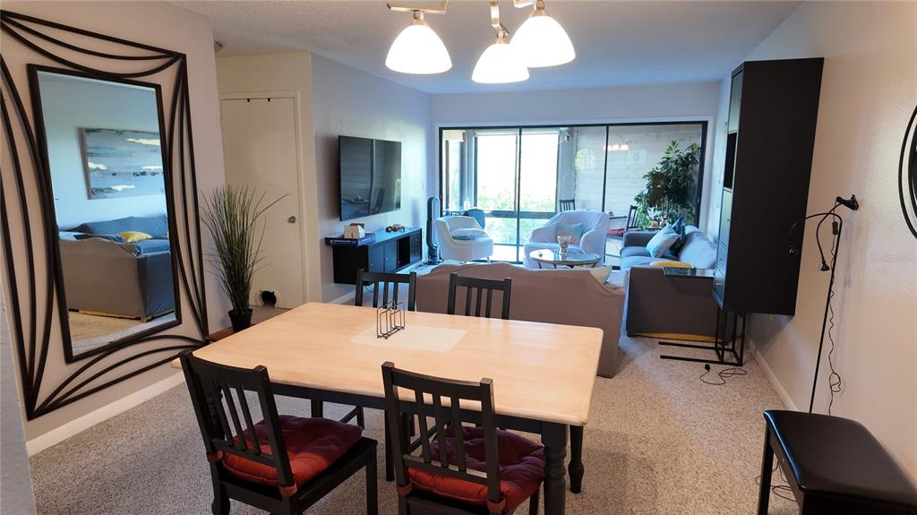 A dining area with a wooden table and black chairs opens into a carpeted living room — 1500 SUNSET RD BLDG C UNIT C7, TARPON SPRINGS, FL