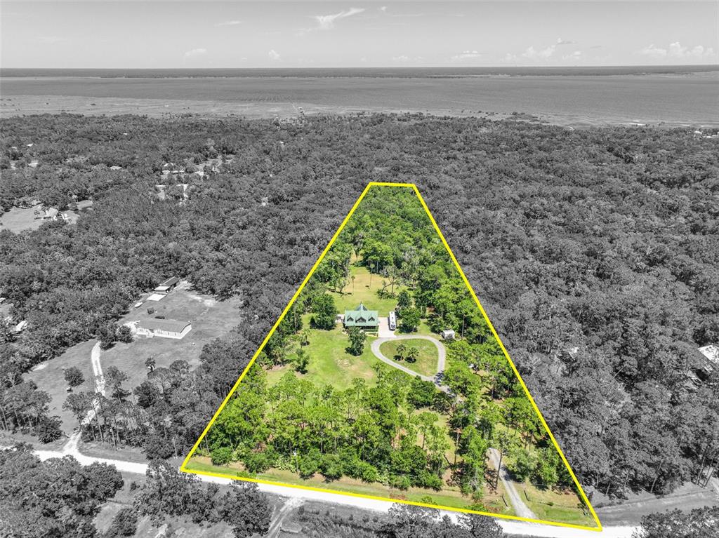 An aerial view of a log cabin with a green roof surrounded by dense forest — 1223 SUTTON TRAIL, GENEVA, FL