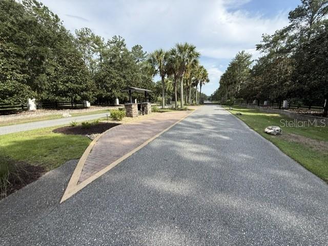 A paved driveway leads toward a gated entrance flanked by palm trees and lush landscaping — 0 NW 148 LANE, REDDICK, FL