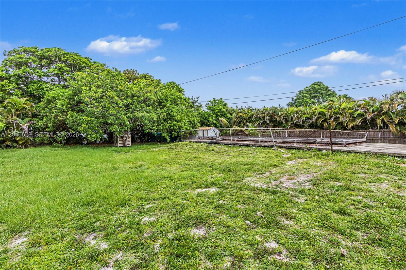 A grassy backyard features a chain-link fence, a concrete slab, and dense surrounding trees — 13020 NW 1st Ave # x, Miami FL 33168, MIAMI, FL