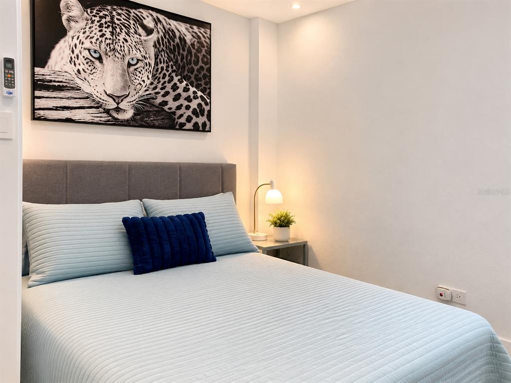 A bedroom features a bed with light blue bedding, a blue pillow, and leopard wall art — 45 BARCELONA, GUAYAMA, PR