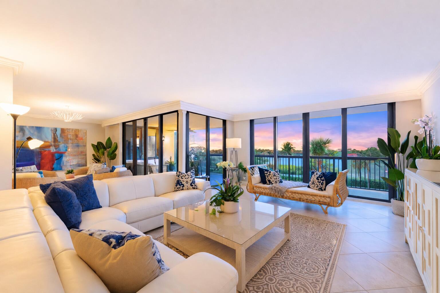 A bright living room features a white sectional sofa, glass coffee table, and floor-to-ceiling windows — 19670 Beach Road # B303, Jupiter FL 33469, JUPITER, FL