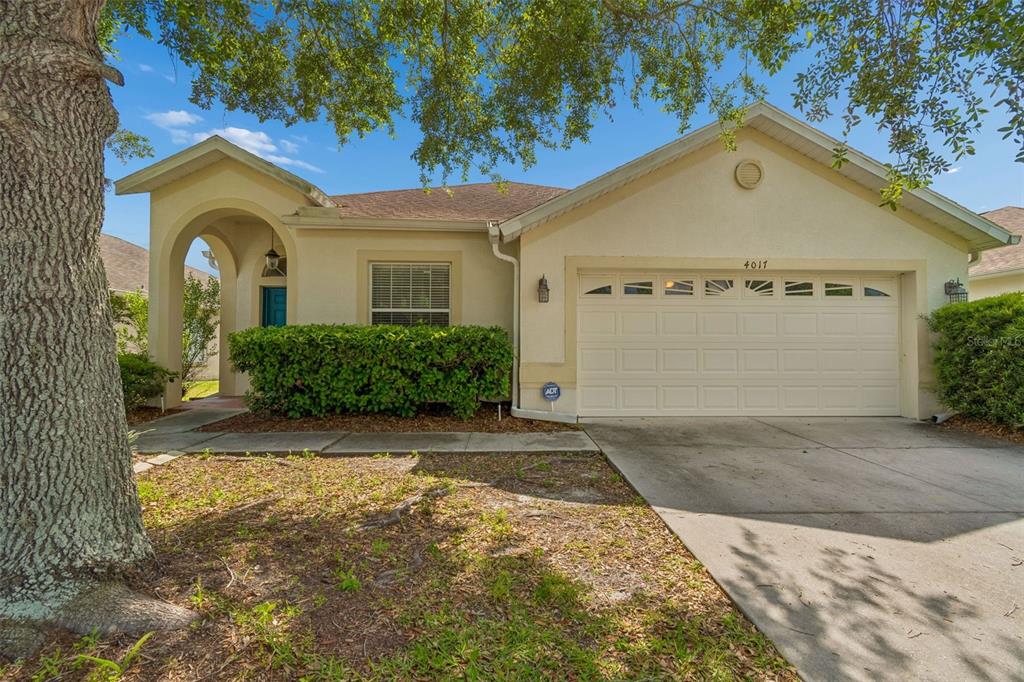 A single-story house with a beige stucco exterior, a two-car garage, and a covered entryway — 4017 LANGDRUM DRIVE, WESLEY CHAPEL, FL