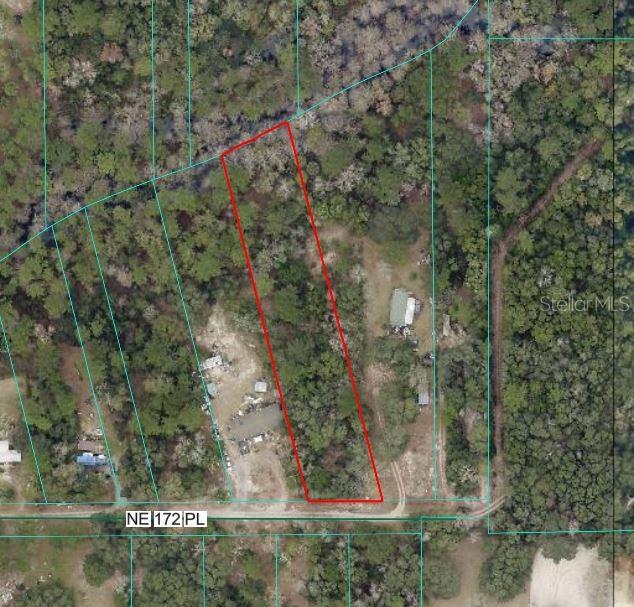 An aerial map shows a rectangular plot of land outlined in red near a road — NE 172ND PL LOT 11, FORT MC COY, FL