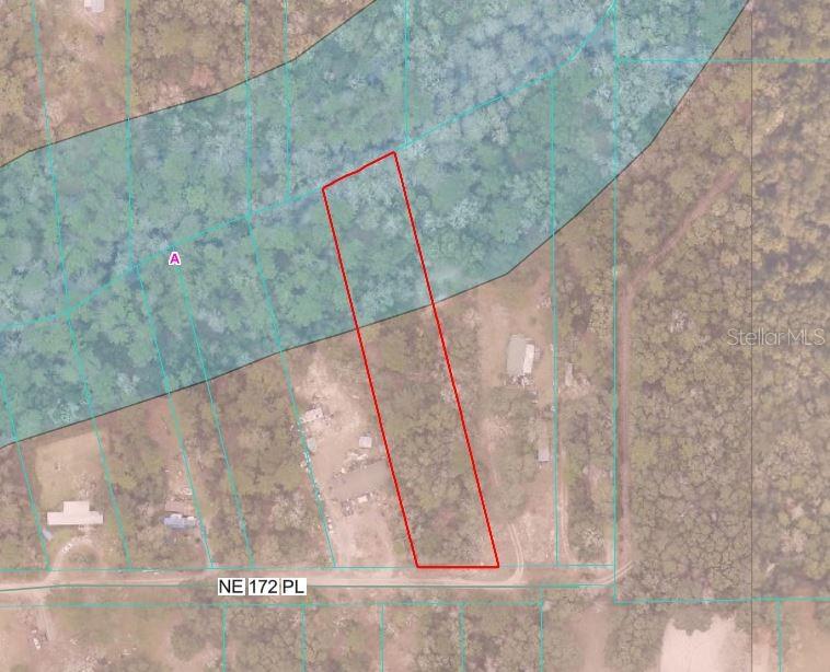 An aerial map shows a rectangular property lot outlined in red bordering a wooded area — NE 172ND PL LOT 11, FORT MC COY, FL