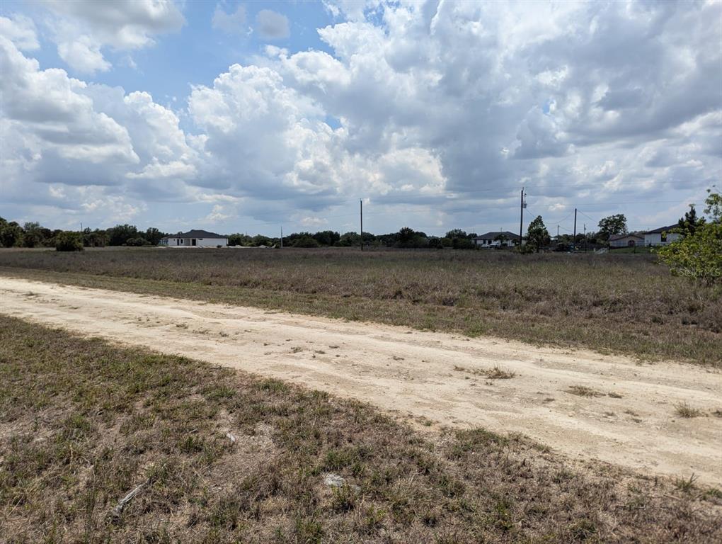 A dirt road runs alongside a large, flat, grassy vacant lot under a cloudy sky — 1721 WELLS AVENUE, LEHIGH ACRES, FL