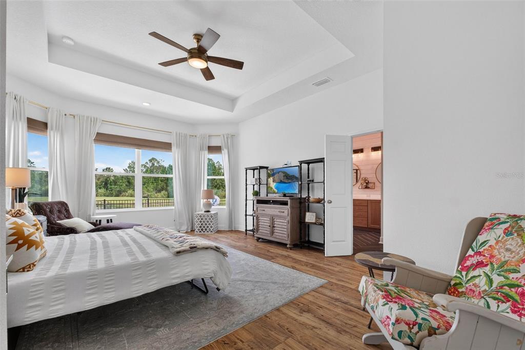 A spacious bedroom features a tray ceiling, wood-look flooring, large windows, and an attached bathroom — 4282 AMPED WAY, LAND O LAKES, FL