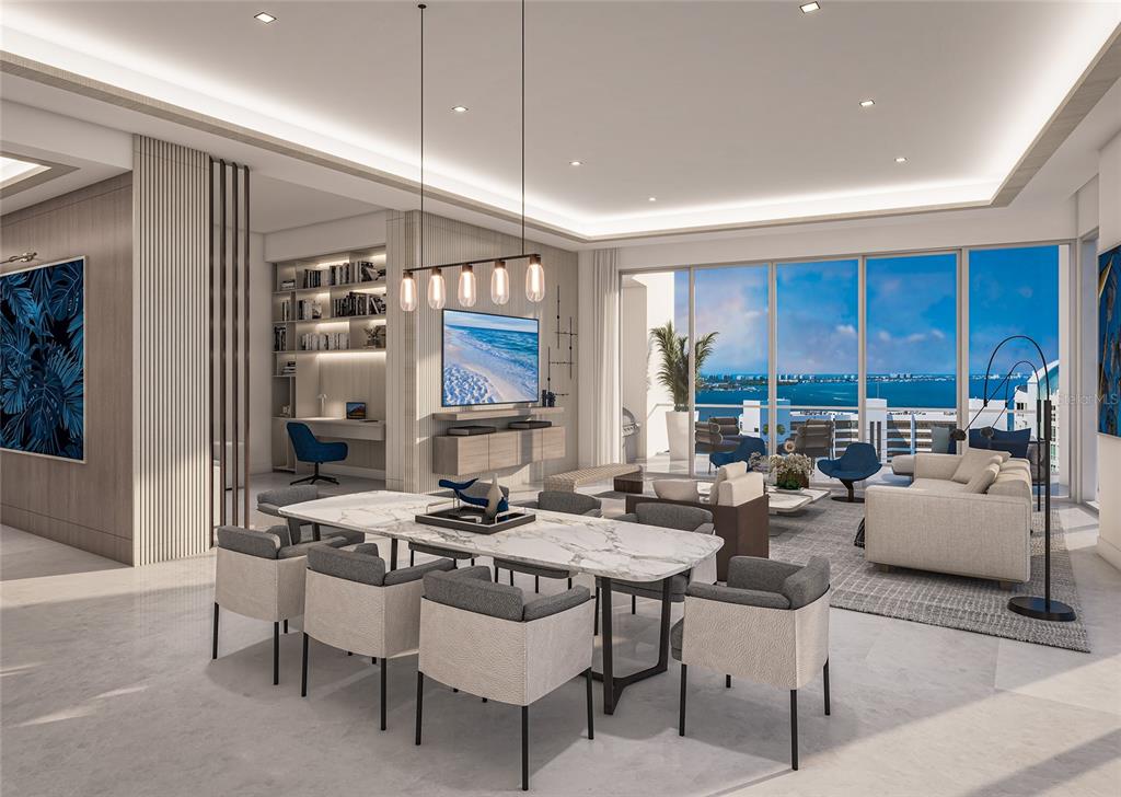 This rendering shows a modern open-concept living and dining area with floor-to-ceiling windows — 555 QUAY COMMON UNIT 2004, SARASOTA, FL
